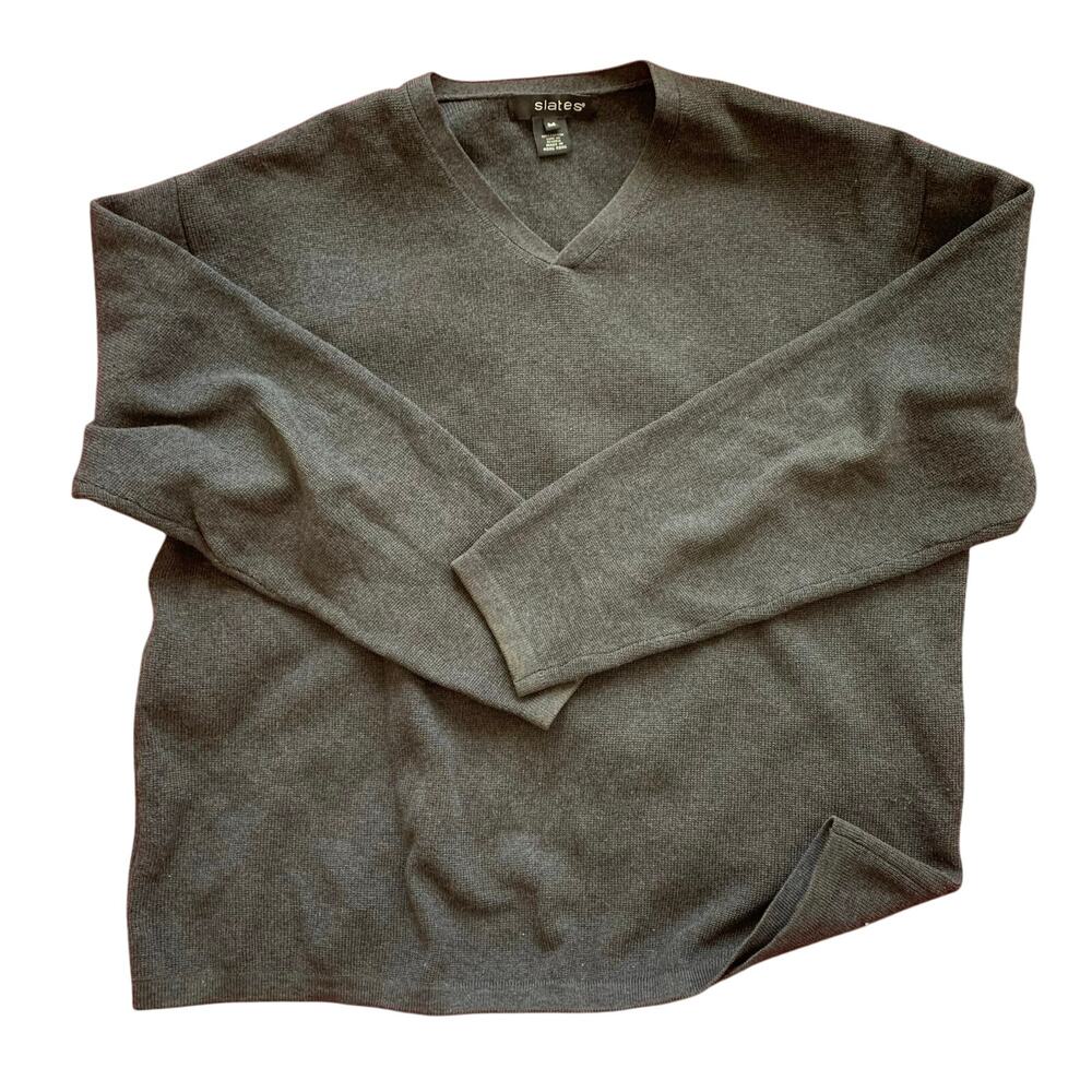 Vintage 90s SLATES Mens Knit 100% Cotton Dark Gray V Neck Sweater MEDIUM